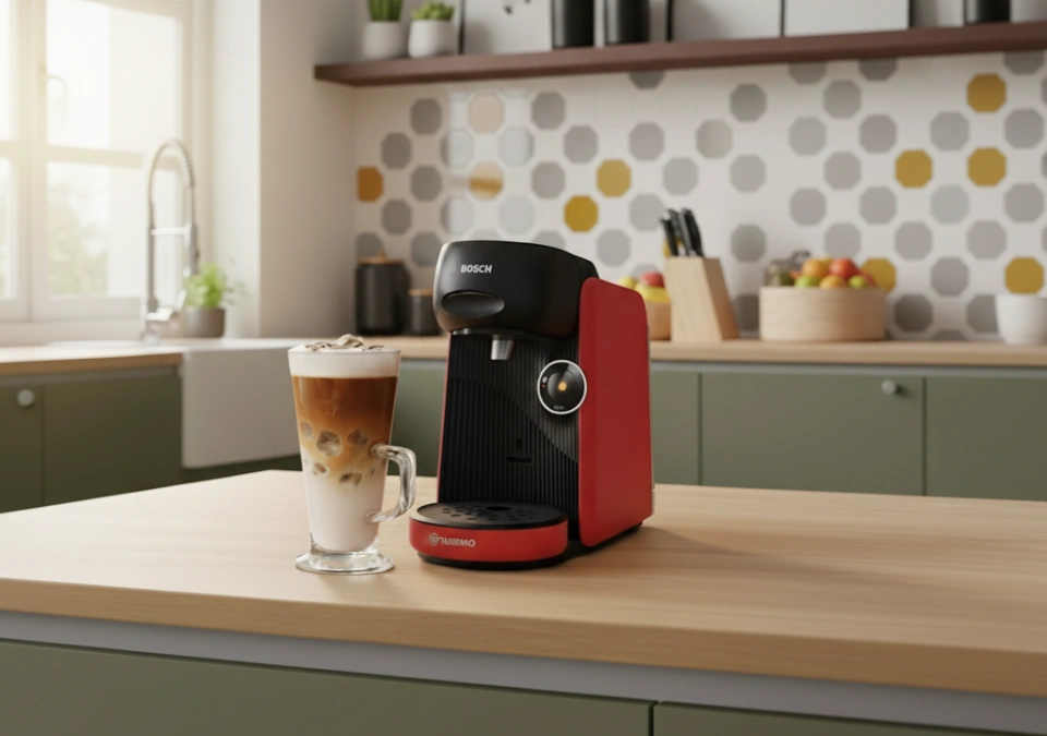 Erfrischender Café Frappé im Glas mit Eiswürfeln, Milch und TASSIMO Kapsel im Hintergrund