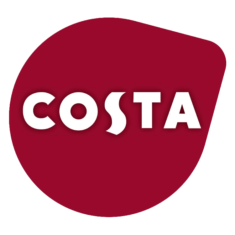 Costa Coffee logo with TASSIMO text on a red wavy background.