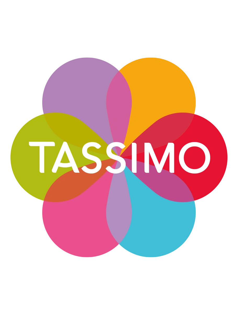 The TASSIMO logo features colorful overlapping circles with bold white text spelling "TASSIMO", creating a vibrant and recognizable brand identity.