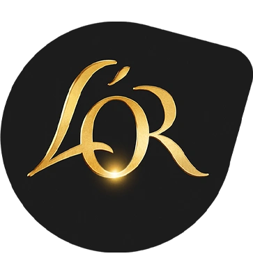 Add the TASSIMO name above/below the L'OR logo in gold on a black background. Keep it sleek and concise.