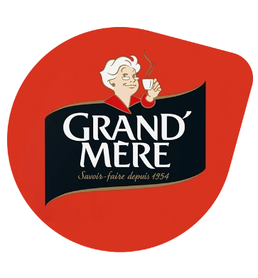 GrandMère logo featuring a woman with a coffee cup, with TASSIMO branding.