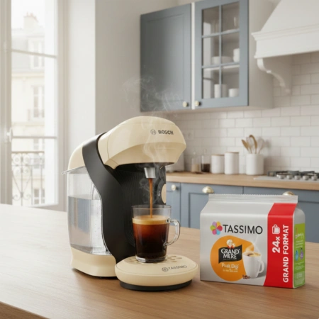 Pack Tassimo Grand-Mère Petit Déjeuner avec dosettes café incluses.