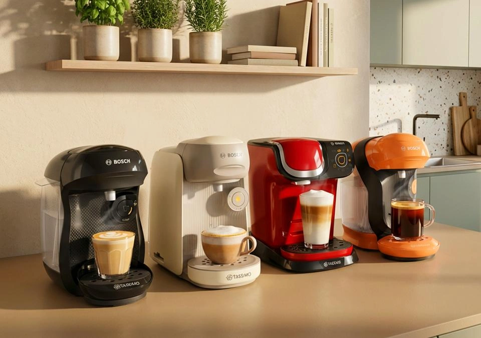 Person wählt Kaffeekapsel aus einer Kapselmaschine in einer modernen Küche, mit verschiedenen Getränken wie Kaffee und Cappuccino im Hintergrund.
