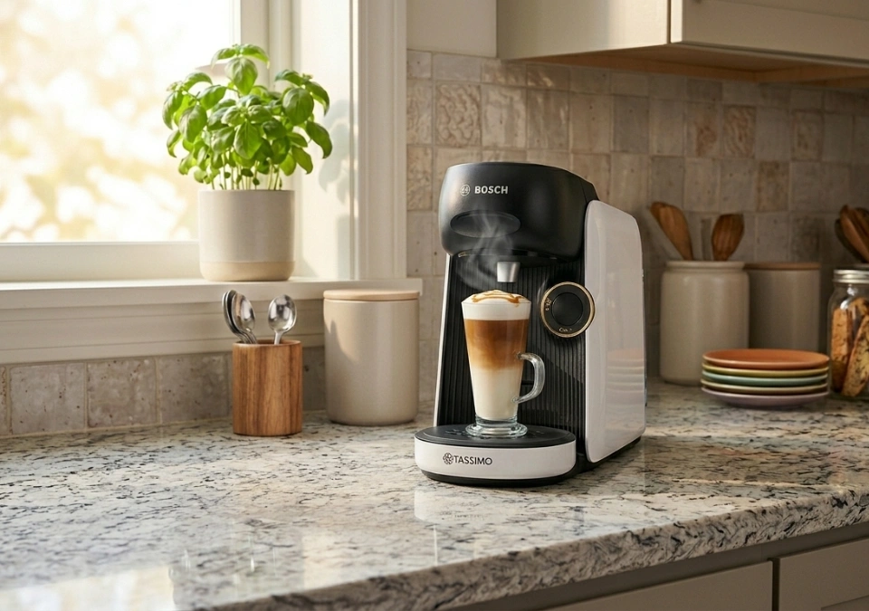Caramel macchiato TASSIMO préparé avec dosette espresso et dosette de lait, garni de sauce caramel et mousse de lait crémeuse.