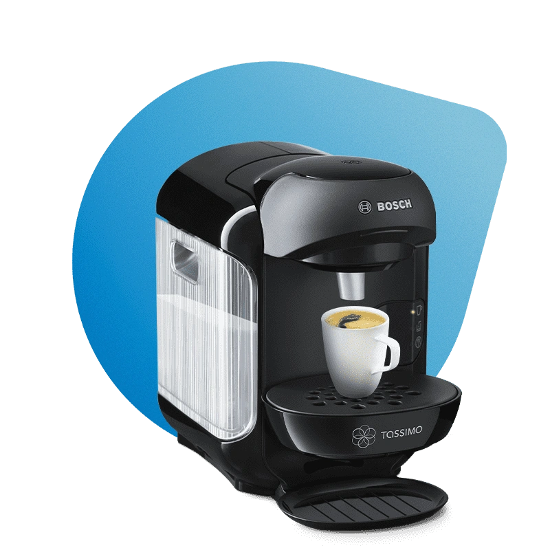 Black Bosch TASSIMO coffee machine with white cup on a blue background.