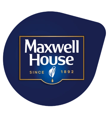 Add the term "TASSIMO" prominently to the Maxwell House logo, ensuring it features a blue background and white text for a cohesive design.