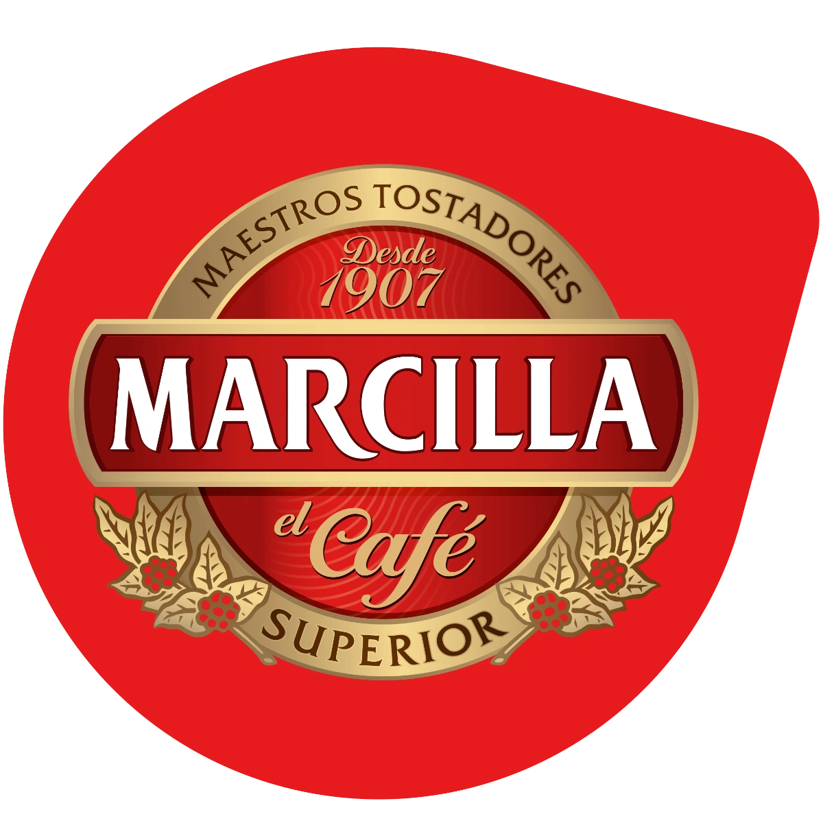 Enhance the Marcilla coffee logo by incorporating 'TASSIMO' alongside its signature gold, red, and leaf design elements for a unified and distinguished brand identity.