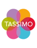 The TASSIMO logo features colorful overlapping circles with bold white text spelling "TASSIMO", creating a vibrant and recognizable brand identity.