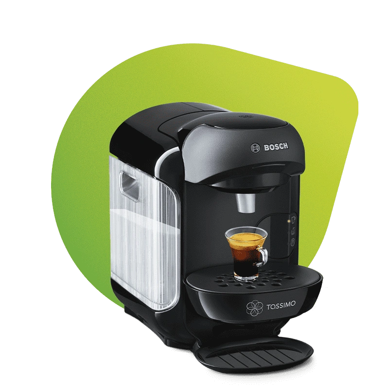 A black Bosch TASSIMO coffee machine with a cup of espresso.
