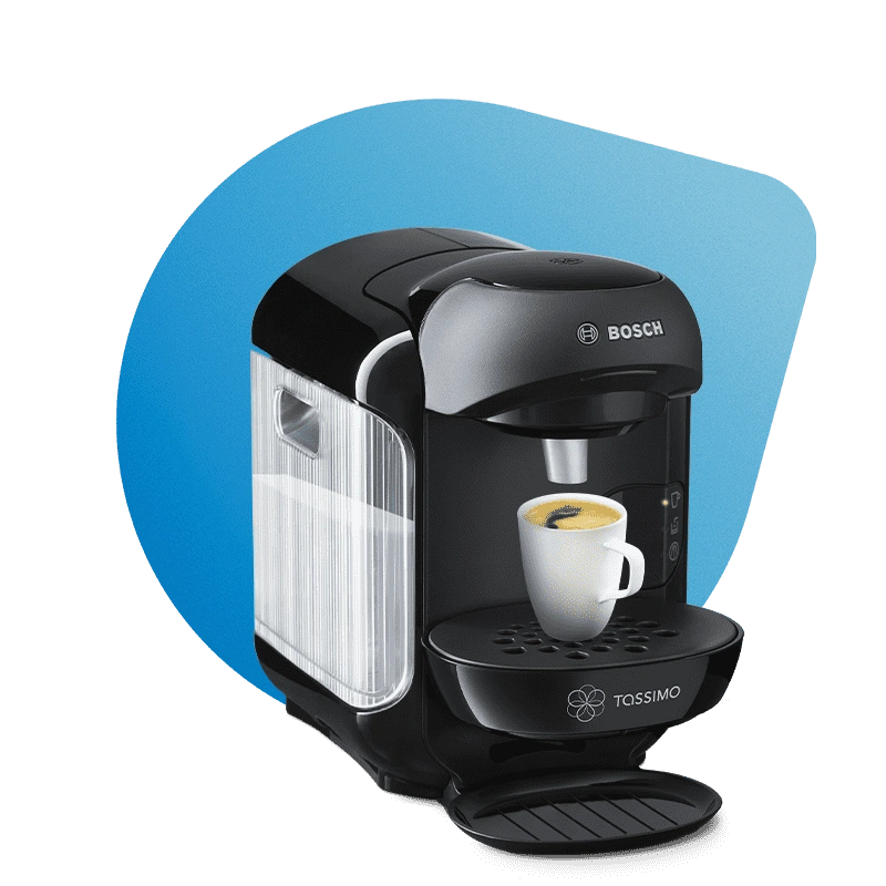 Black Bosch TASSIMO coffee machine with white cup on a blue background.
