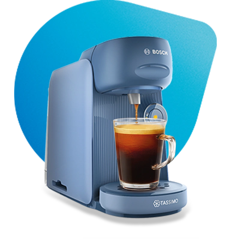 A Blue Bosch TASSIMO coffee machine with a freshly brewed cup of espresso in front.