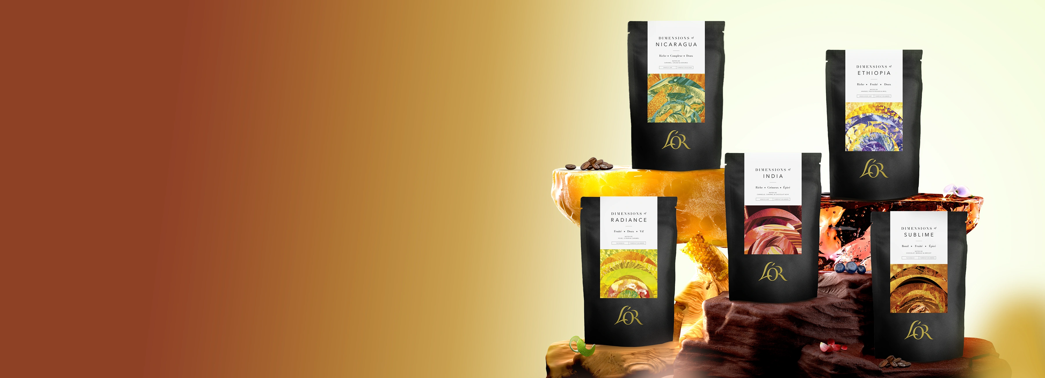 Nouveaux paquets de grains de café L'OR Dimensions placés sur des pierres avec les éléments de saveur.