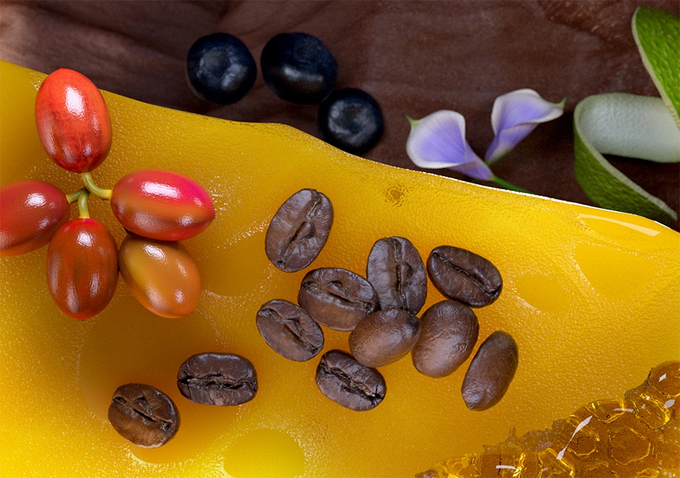 Grains de café L’OR avec cerises de café rouges, myrtilles, fleurs violettes et miel doré.