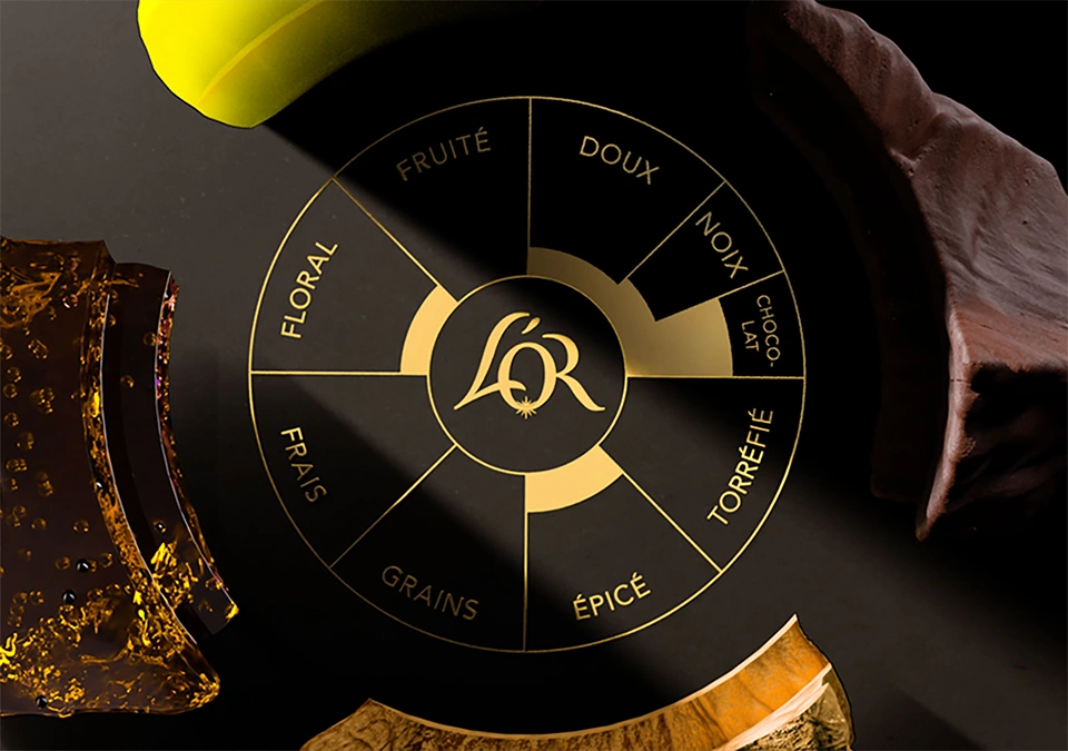 Roue des arômes du café L’OR illustrant les notes florales, fruitées, chocolatées et torréfiées.