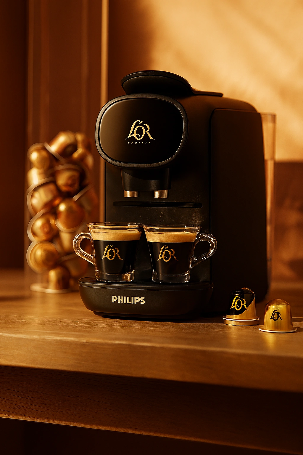 LOR BARISTA Coffee Machine brewing crema-rich coffees and coffee capsules on a table