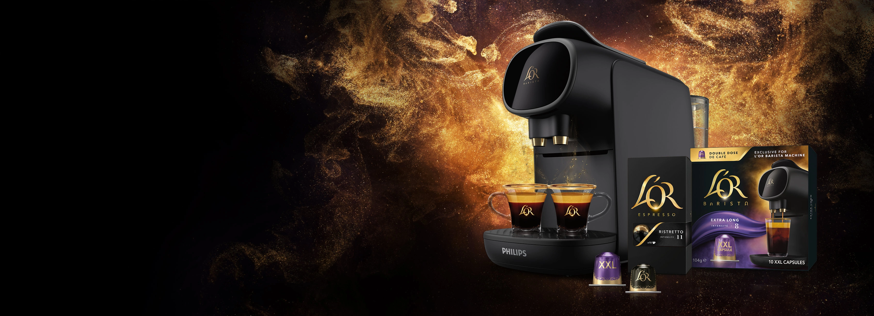 L'OR BARISTA Sublime coffee machine with cups and Ristretto and Extra long  packs and capsules. Golden glitter background.
