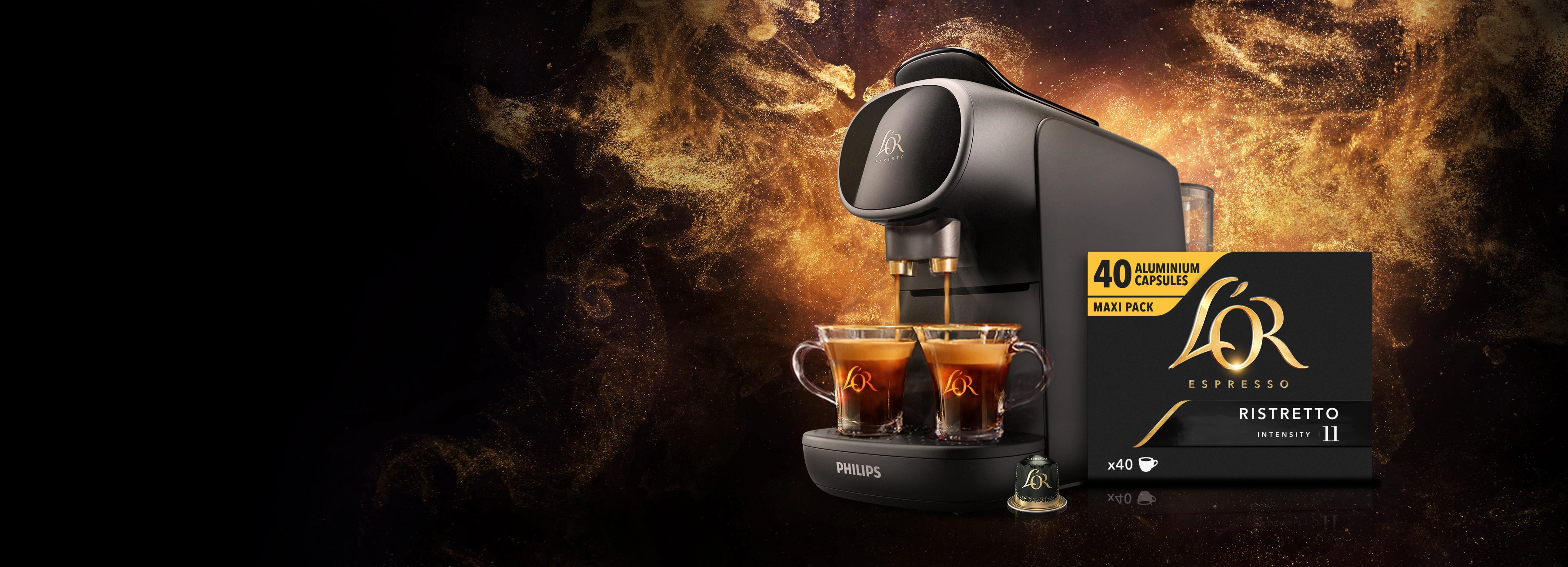L'OR BARISTA Sublime cafetière avec des tasses et un pack de 40 Ristretto capsules. Fond doré scintillant. 