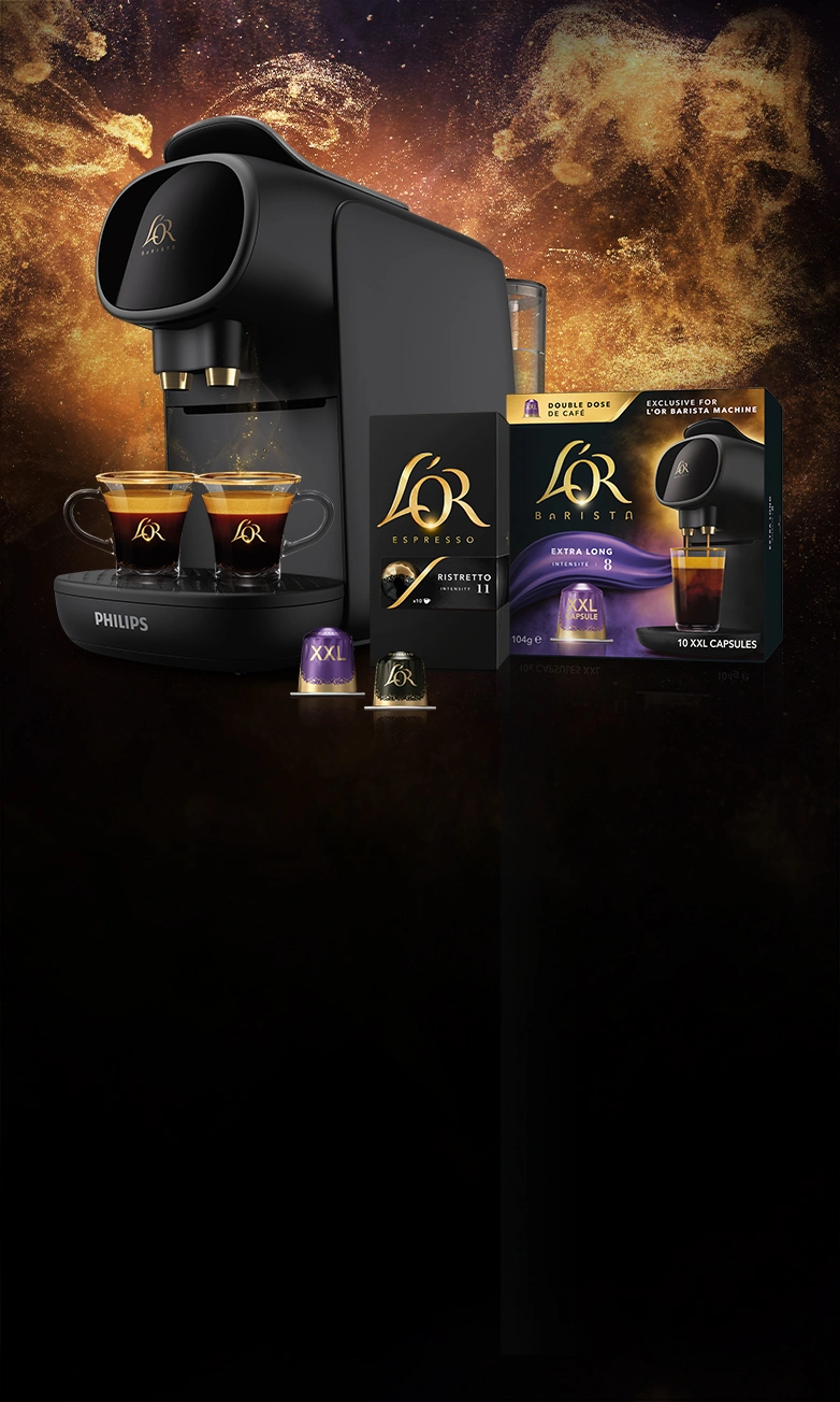 L'OR BARISTA Sublime coffee machine with cups and Ristretto and Extra long  packs and capsules. Golden glitter background.