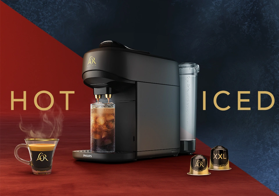 L'OR BARISTA Absolu coffee machine with espresso and ice coffee drink. Normal size and XXL capsule.