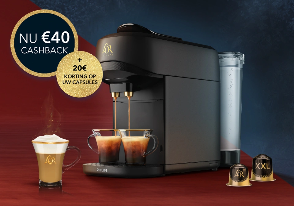 Badge met tekst 'NU €40 CASHBACK + €20 KORTING OP UW CAPSULES'. L'OR BARISTA Absolu koffiemachine. Latte macchiato in een L'OR-glas, twee L'OR-capsules (XXL en standaard). Rood-blauwe achtergrond.