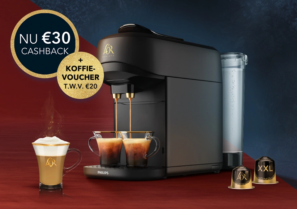 Badge met tekst 'NU €30 CASHBACK + KOFFIE-VOUCHER T.W.V. €20'. L'OR BARISTA Absolu koffiemachine. Latte macchiato in een L'OR-glas, twee L'OR-capsules. Rood-blauwe achtergrond.