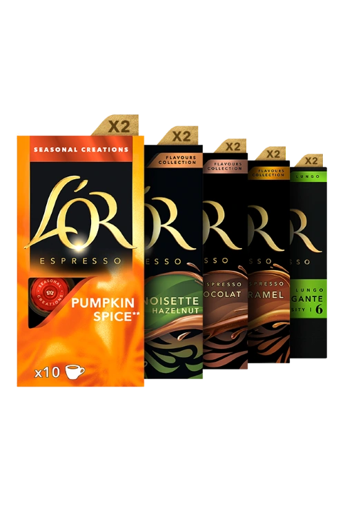 L'OR Espresso Coffee Capsules Packs with a 'x2' sticker on each of them