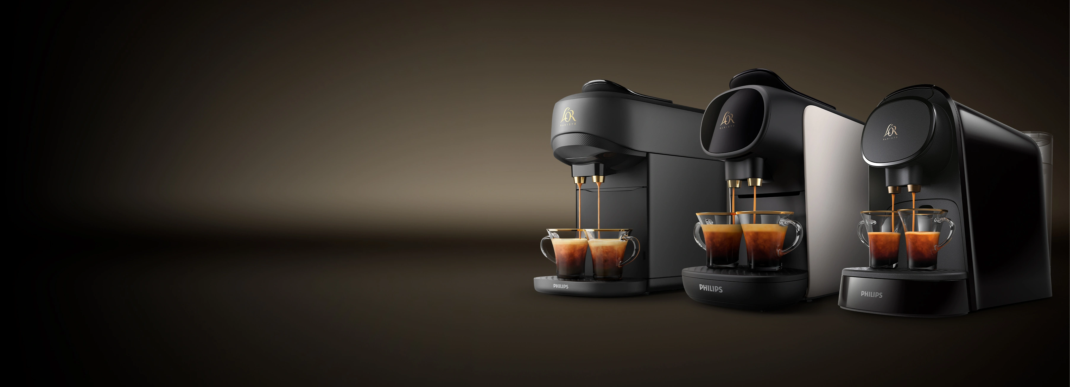 Trio of L’OR BARISTA machines in black and white, each brewing two espressos, placed side-by-side on a dark gradient background.