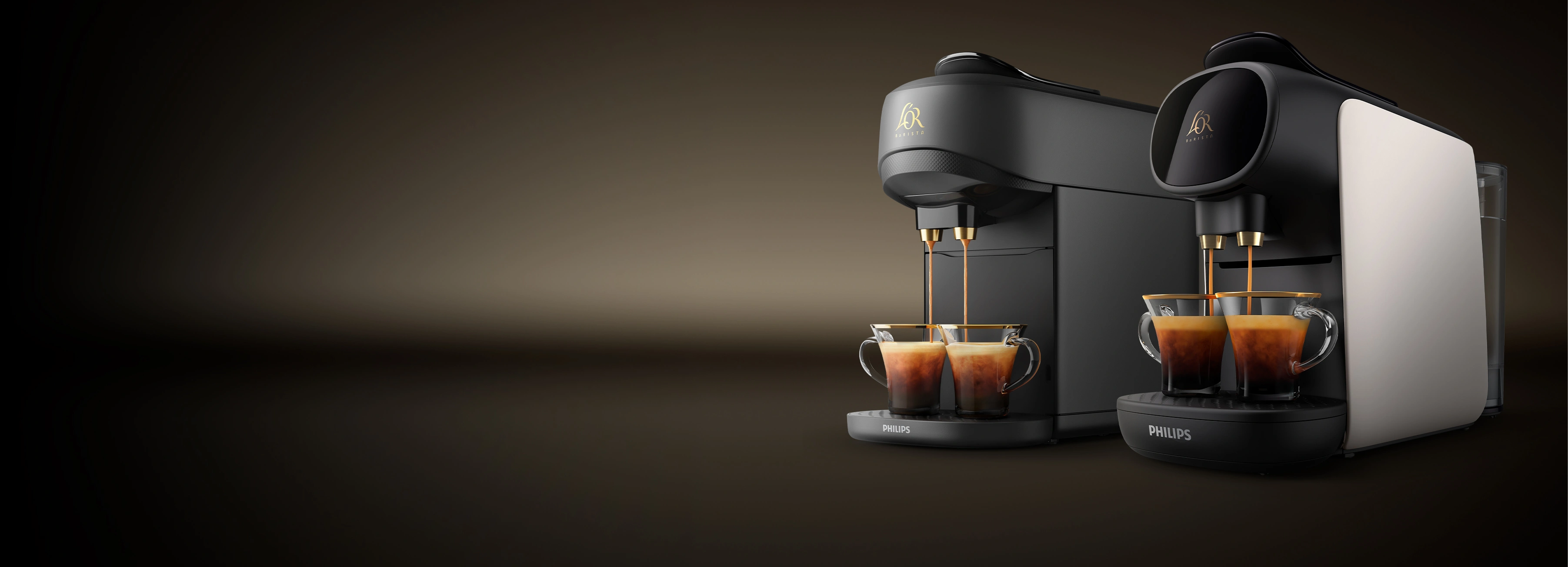 Two L’OR BARISTA coffee machines brewing espressos side by side on a dark gradient background.