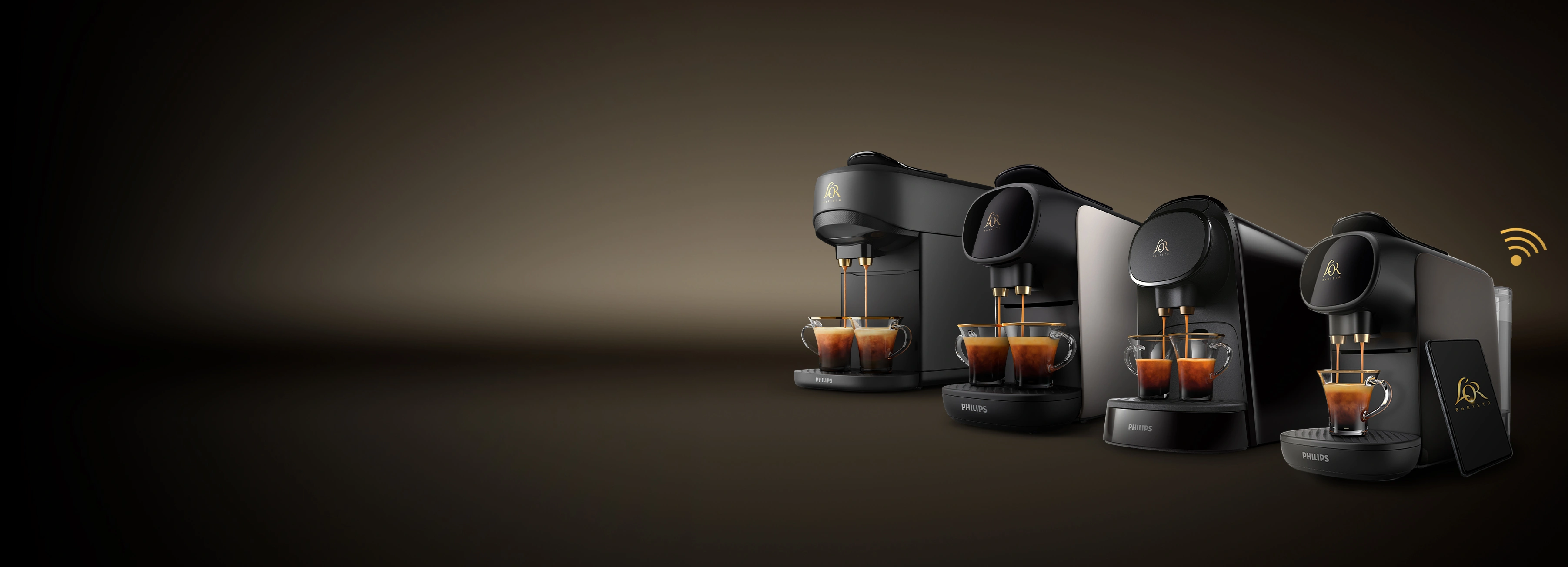 Four L’OR BARISTA coffee machines brewing espressos side by side on a dark gradient background.