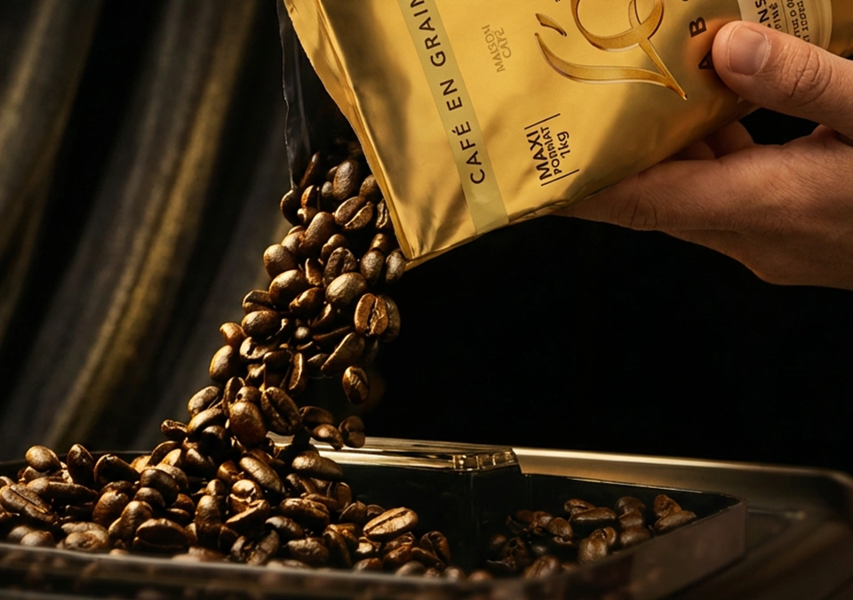 L'OR Espresso beans being filled from bag to machine
