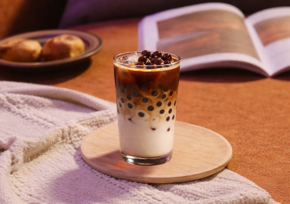 A glass of Cinnamon & Cardemon Iced Bubble Latte with coffee pearls