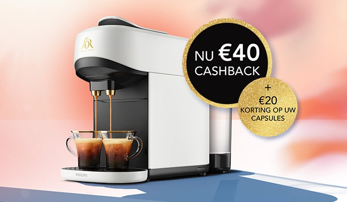 Witte L'OR BARISTA koffiemachine met twee espresso's en actie voor €40 cashback plus €20 korting op capsules