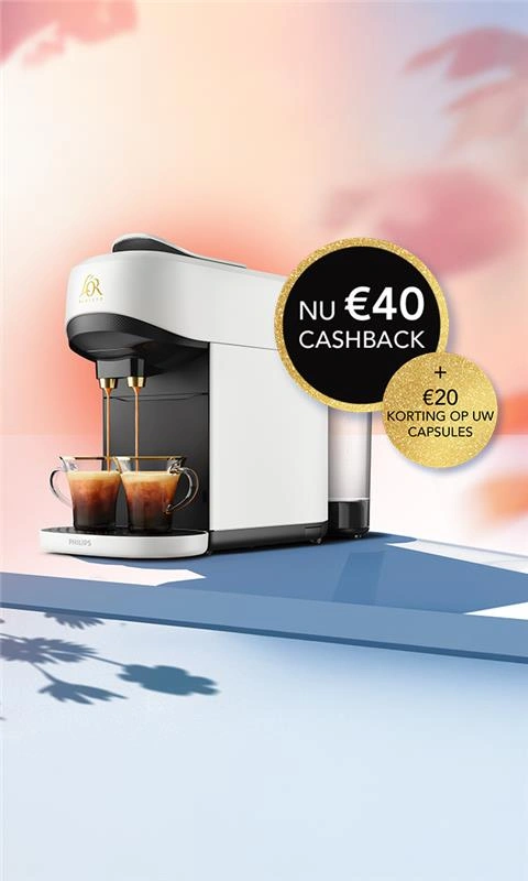 Witte L'OR BARISTA koffiemachine met twee espresso's en actie voor €40 cashback plus €20 korting op capsules