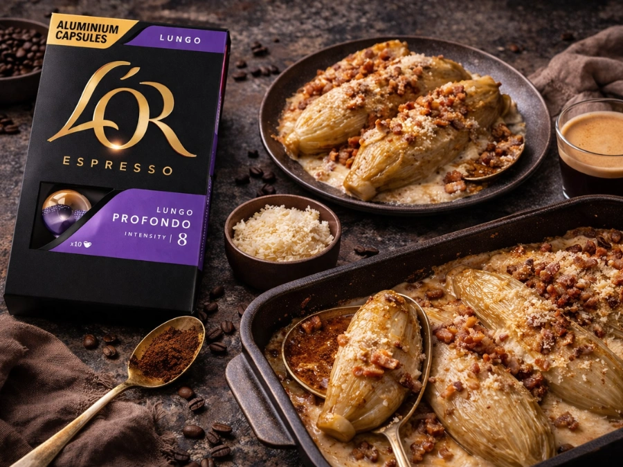 Witloof gestooft en geserveerd met koffie bechamelsaus en spekjes, met een lungo profondo capsule pakket