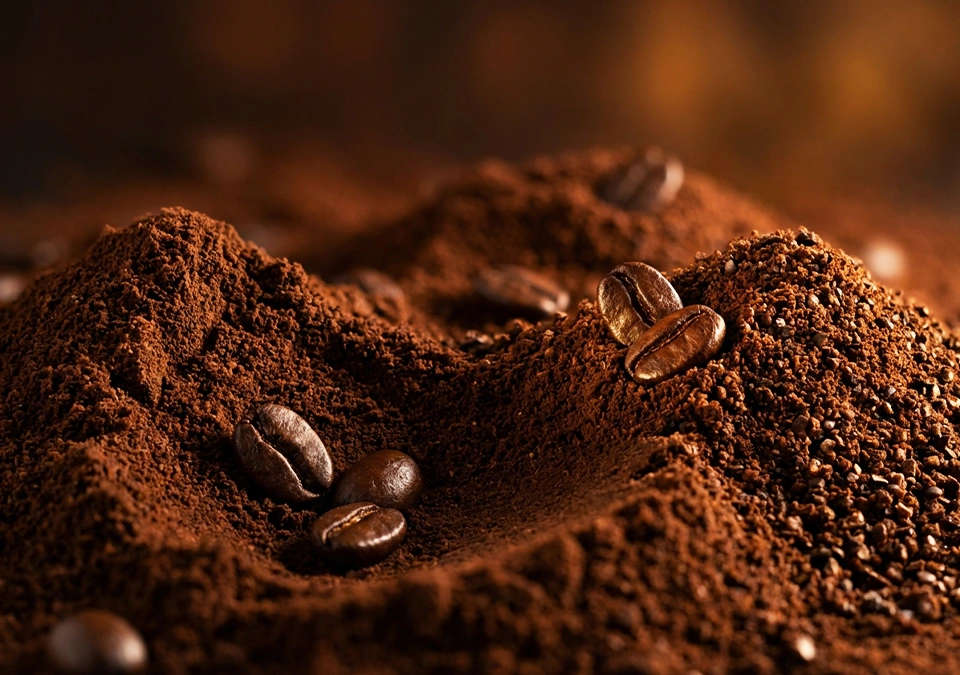 Montón de café molido con granos enteros visibles en la superficie
