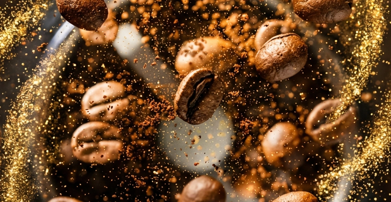 Mezcla de café y leche creando un patrón dinámico con granos de café alrededor
