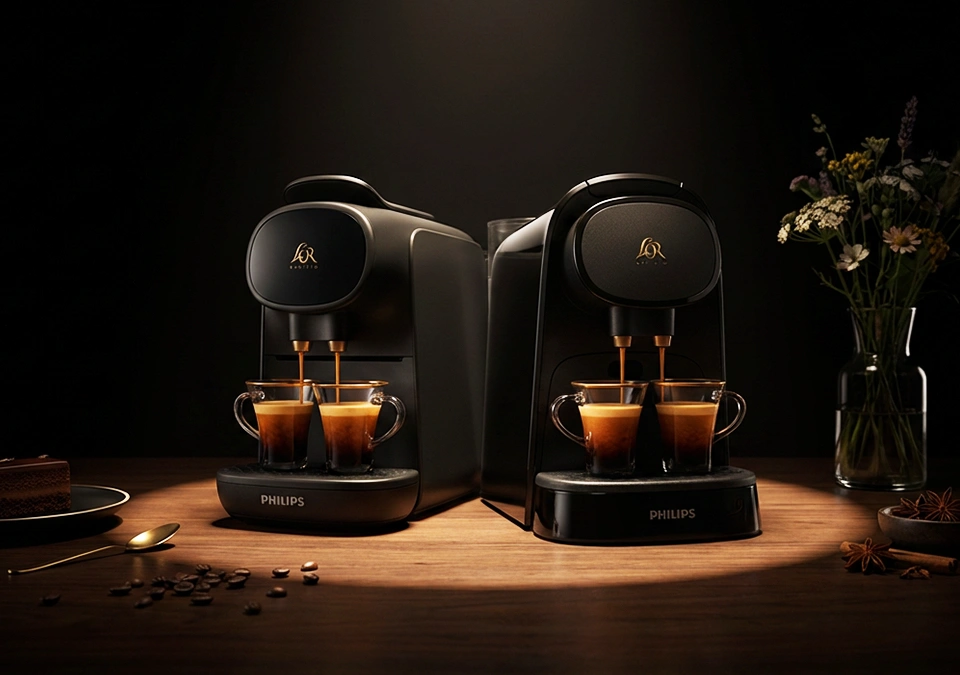 Dos máquinas de café L'OR con tazas de espresso preparadas sobre una superficie de madera