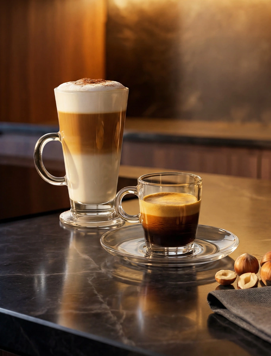 Tres bebidas de café servidas en vasos transparentes, incluyendo latte macchiato, espresso y cappuccino, sobre una mesa con cápsulas L'OR