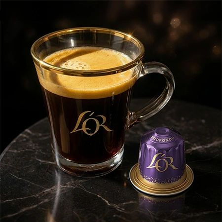 Taza de espresso L'OR con crema dorada acompañada de cápsulas sobre una superficie oscura