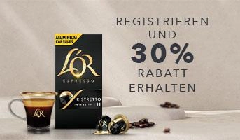 Packung L’OR Espresso Aluminiumkapseln mit einer servierten Espressotasse und einem Angebot von 30 % Preisnachlass.