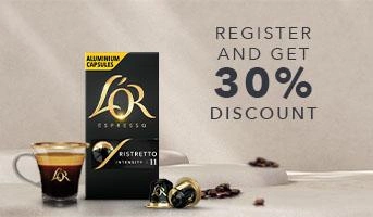 L’OR Espresso aluminium coffee capsules with a cup of espresso, highlighting a 30% discount when you register.