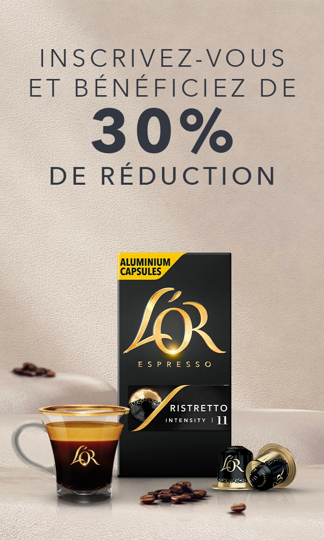 Boîte de capsules L’OR Espresso en aluminium présentée avec un espresso et une réduction de 30 %.