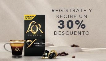 Cápsulas de café L’OR Espresso de aluminio junto a una taza de espresso con un 30 % de descuento por registro.