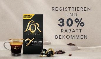 L’OR Espresso Aluminium-Kaffeekapseln neben einer Tasse Espresso mit Hinweis auf 30 % Rabatt bei Anmeldung.