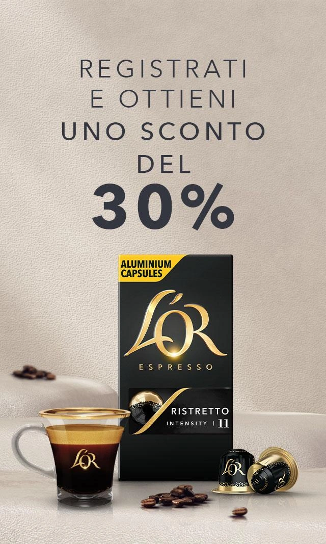 Capsule di caffè L’OR Espresso in alluminio con una tazzina di espresso e uno sconto del 30%