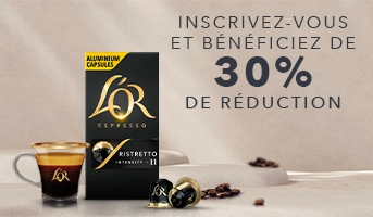 Boîte de capsules L’OR Espresso en aluminium présentée avec un espresso et une réduction de 30 %.