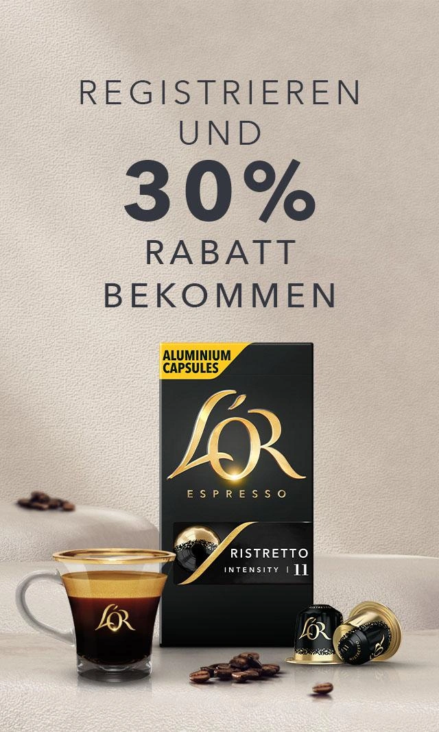 L’OR Espresso Aluminium-Kaffeekapseln neben einer Tasse Espresso mit Hinweis auf 30 % Rabatt bei Anmeldung.