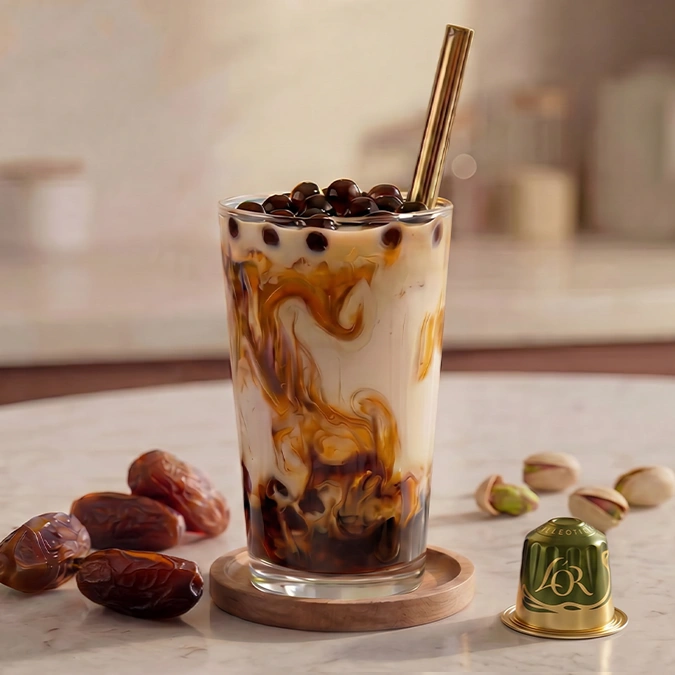 A glass of Iced Latte with L'OR Espresso Dubai Chocolate style and coffee pearl