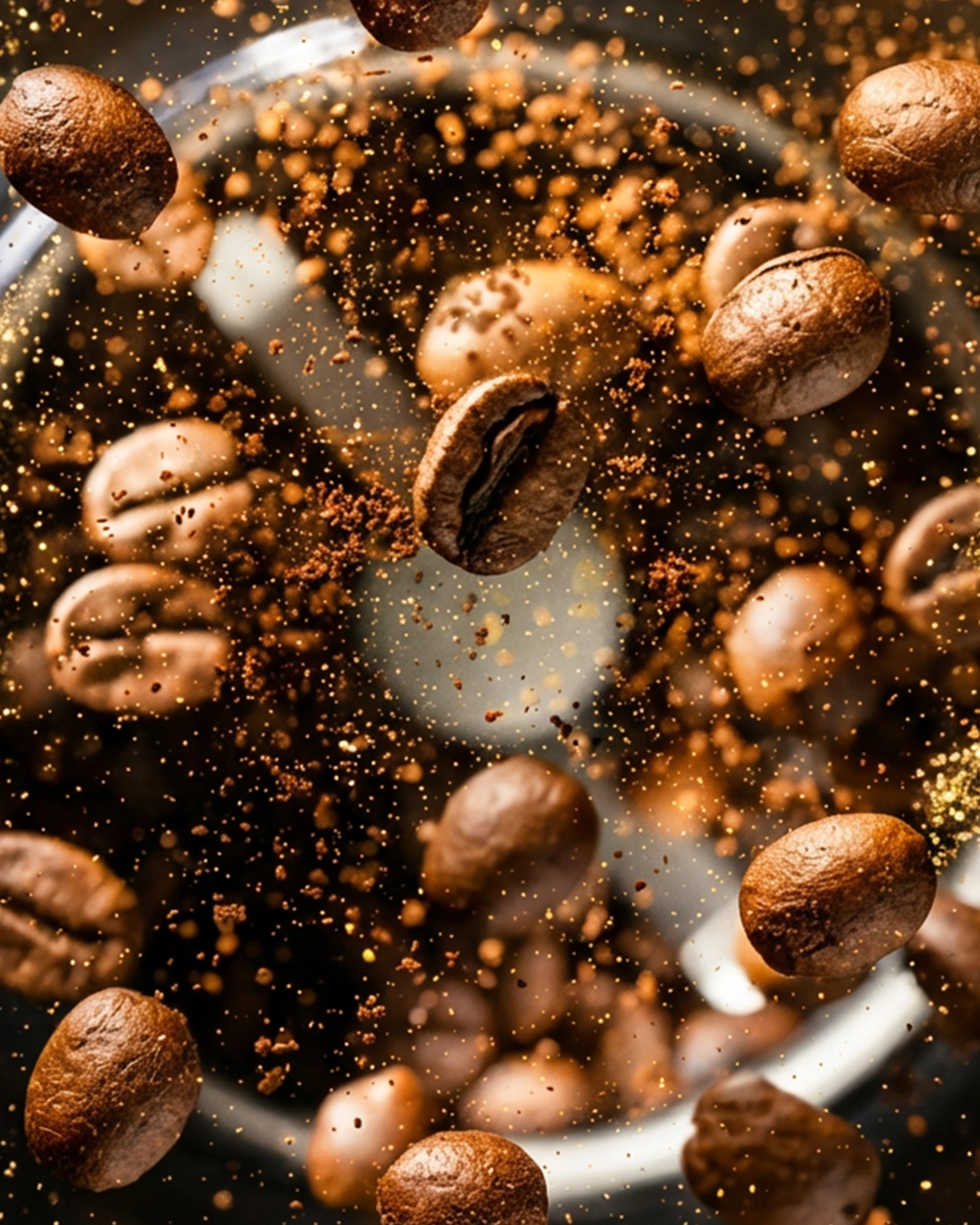 Mezcla de café y leche creando un patrón dinámico con granos de café alrededor