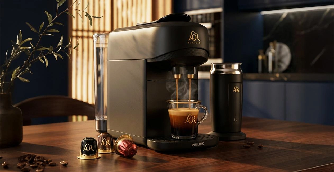 Máquina de café L'OR preparando espresso sobre una encimera con cápsulas visibles al lado